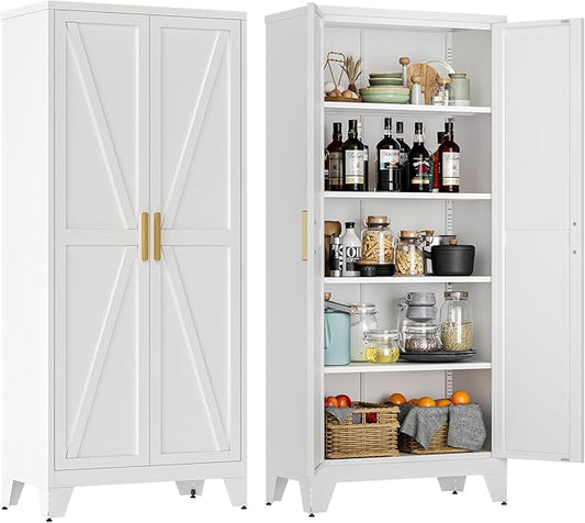 71" Tall Metal Storage Cabinet with 2 Doors and 4 Adjustable Shelves, 5-Tier Kitchen Pantry Storage Cabinet for Kitchen, Living Room, Dining Room and Office, White