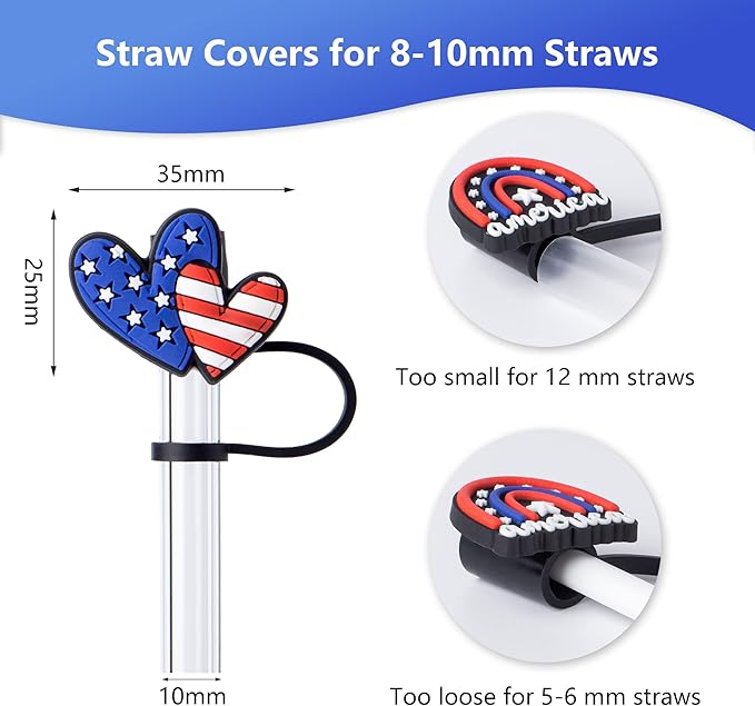 8Pcs 4th of July (USA) Straw Cover Cap for Stanley Cup 40oz/30oz Tumbler, 10mm Reusable Cute Drinking Straw Topper Accessories, Portable Protector Plugs Decorations Gifts for Party Favors