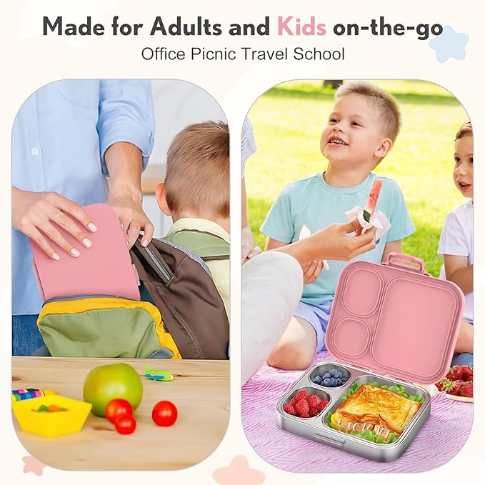 Stainless Steel Bento Box Kids, Leak Proof Metal Bento Lunch Box,3 Compartments 304 Stainless Steel Bento Lunch Containers for School and Office, BPA-Free(Pink)