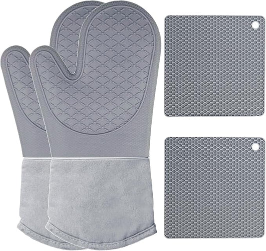 Oven Mitts and Potholders BBQ Gloves-Oven Mitts and Pot Holders with Recycled Infill Silicone Non-Slip Cooking Gloves for Cooking Baking Grilling (4-Piece Set) (Black Grey)