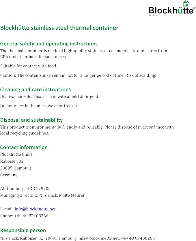 Blockhütte Small Thermos for hot Food Kids - 18 oz | Wide Mouth Food Flask with Spork & Brush | Stainless steel Soup Flask | Insulated Food Jar 14h Hot | Soup Thermos for Adults