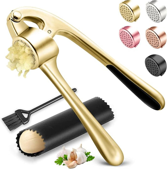 Kitchen Garlic Press, Rust Proof & Dishwasher Safe Garlic Mincer, Durable Garlic Crusher Set with Peeler＆Brush, Easy to Clean and Squeeze, Gold