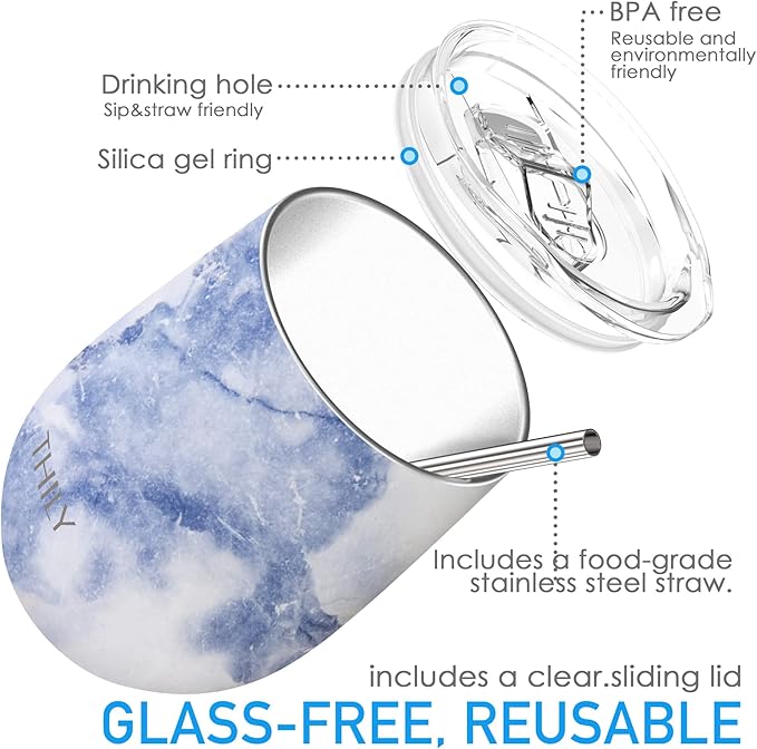 THILY Vacuum Insulated Stemless Wine Tumbler Stainless Steel Travel Wine Glass with Lid and Straw, Reusable, Portable, BPA Free, Keep Beer Cold, Blue Marble