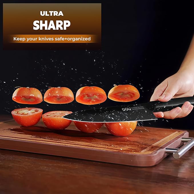 OOU Kitchen Knife Block Set - 15 Pieces High Carbon Stainless Steel Knife Block Set with Built-in Sharpening Blocks, Black