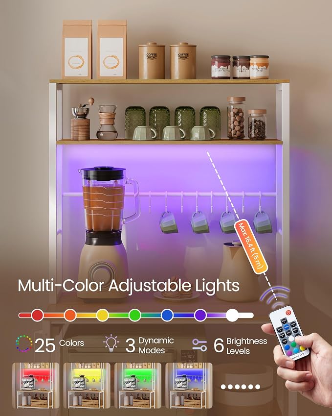 VASAGLE Coffee Bar with LED Lights, Kitchen Bakers Rack with Power Outlet - Image 4