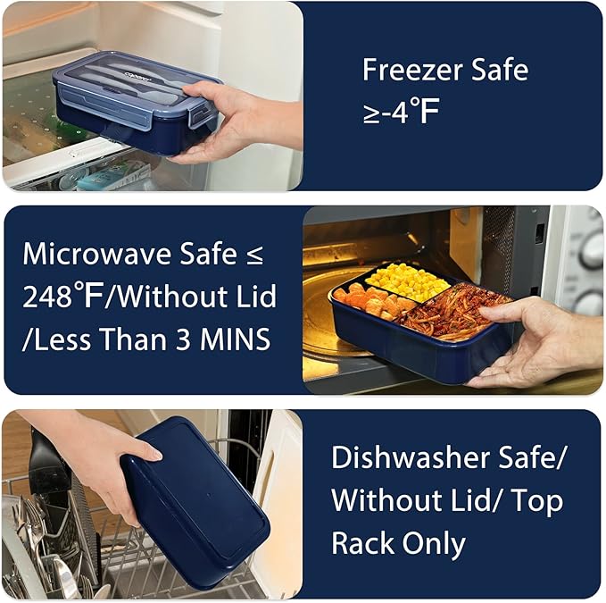 Caperci Classic Bento Box Adult Lunch Box for Older Kids - Leakpoof 47 oz 3-Compartment Containers for Adults and Teens, Built-in Utensil Set, Ideal for On-the-Go Balanced Eating, Navy Blue