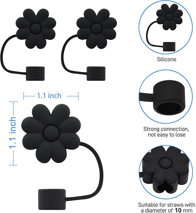 Flower Straw Cover Cap for Stanley Cup Silicone Straw Topper Compatible with 30&40 Oz Tumbler, 4pcs Black Flower