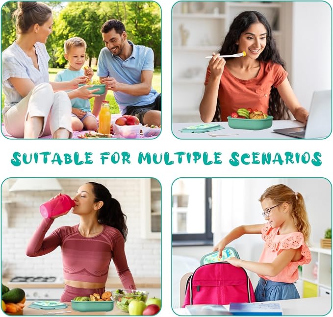 Bento Lunch Box with Kids & Children, Stackable Lunchbox Container with 3-Compartment, Durable for On-the-Go Meal, BPA-Free and Food-Safe Materials (Green)