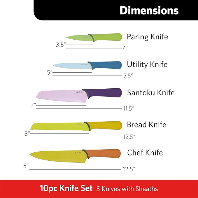 GLAD Knife Set for Kitchen – Stainless Steel Chef Knives with Sheaths | Sharp Colored Blades with Non-Slip Handles | Assorted Nonstick Cooking Essentials for Home