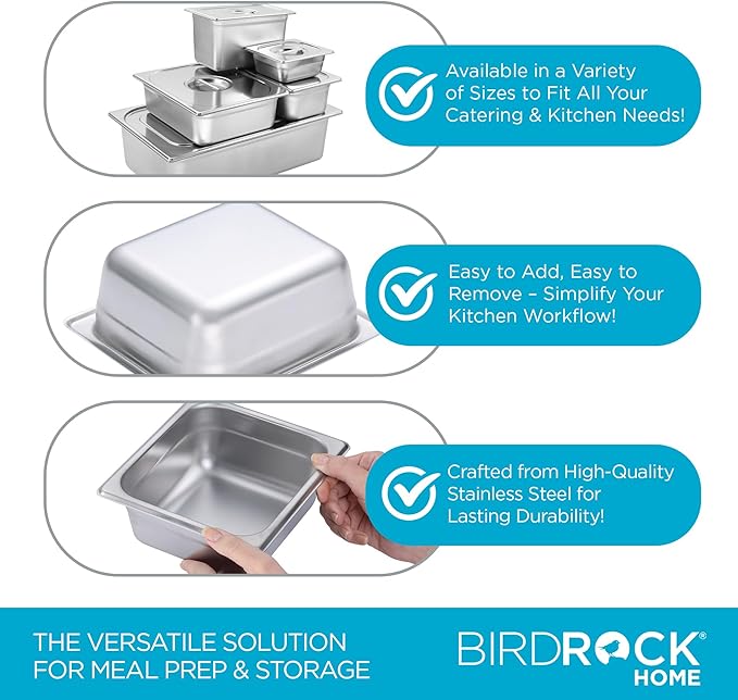 BIRDROCK HOME Stainless Steel Steam Table Pan - Hotel, Restaurant & Catering Supplies - 24 Gauge Steel, 1.2 qt Capacity - Meal Prep, Cooking, & Food Storage Container - 2.5" Depth, 1/6-Size (6 Pack)