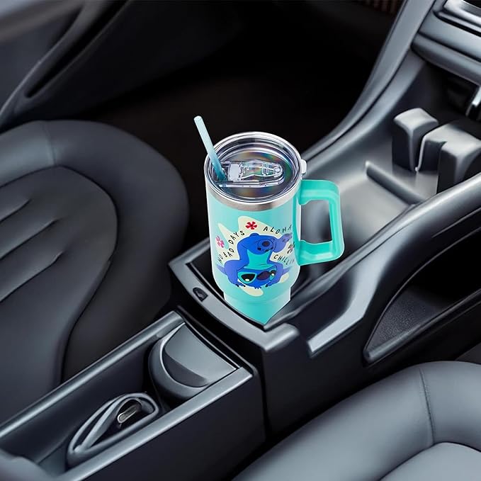 Silver Buffalo Disney Lilo and Stitch Aloha No Bad Days Chillin’ Stainless Steel Tumbler with Handle and Straw, Fits in Standard Cup Holder, 40 Ounces