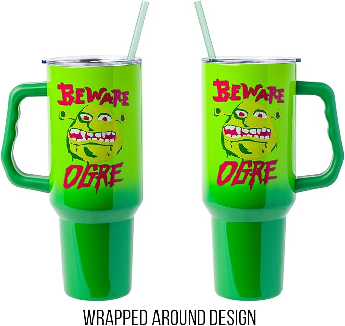 Silver Buffalo Shrek Beware Ogre Stainless Steel Tumbler with Handle and Straw, Fits in Standard Cup Holder, 40 Ounces