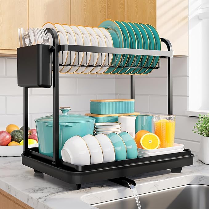 Sakugi 2-Tier Dish Drying Rack - Stainless Steel Dish Rack with Cutlery & Utensil Holders for Kitchen Counter, Sink Organization and Storage Essentials, Home Decor, 15" W x 11.4" L x 15" H, Black