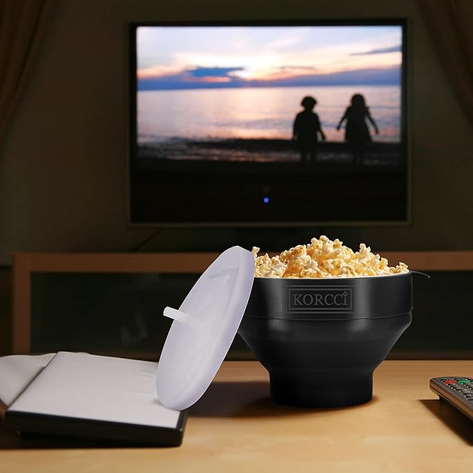 The Original Korcci Microwaveable Silicone Popcorn Popper, BPA Free Microwave Popcorn Popper, Collapsible Microwave Popcorn Maker Bowl, Dishwasher Safe - Black