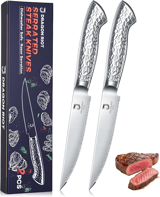DRAGON RIOT Steak Knives Set of 2，Japanese Stainless Steel Steaks Knife With Serrated Edge Dinner Knife Diswasher Safe Steak Knives with Box
