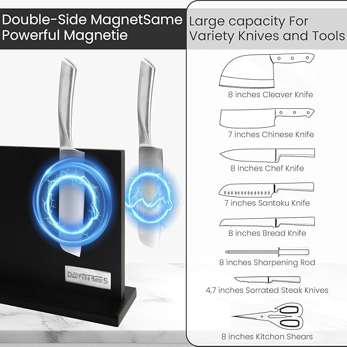 DAWNTREES Large Black Magnetic Knife Holder, 16 Inch Magnetic Knife Block Kitchen Counter Universal Knife Display Rack Multifunctional Storage