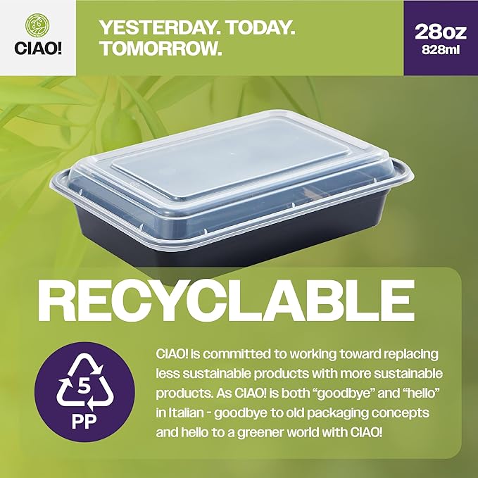 CIAO! Heavy Weight 28oz Injection Molded Microwavable Black Rectangular Food Container with Lid (150/case)