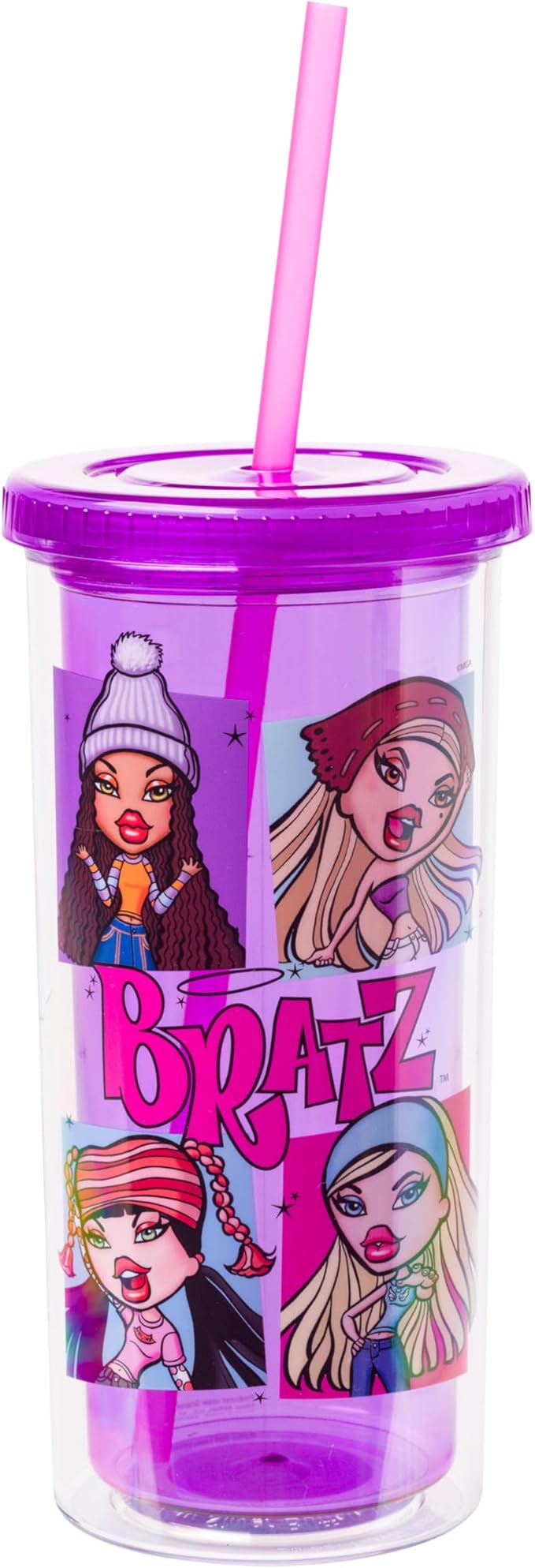 Silver Buffalo Bratz Grid Featuring Cloe, Yasmin, Jade, and Sasha Plastic Tall Cold Cup with Lid and Straw, 20 Ounces