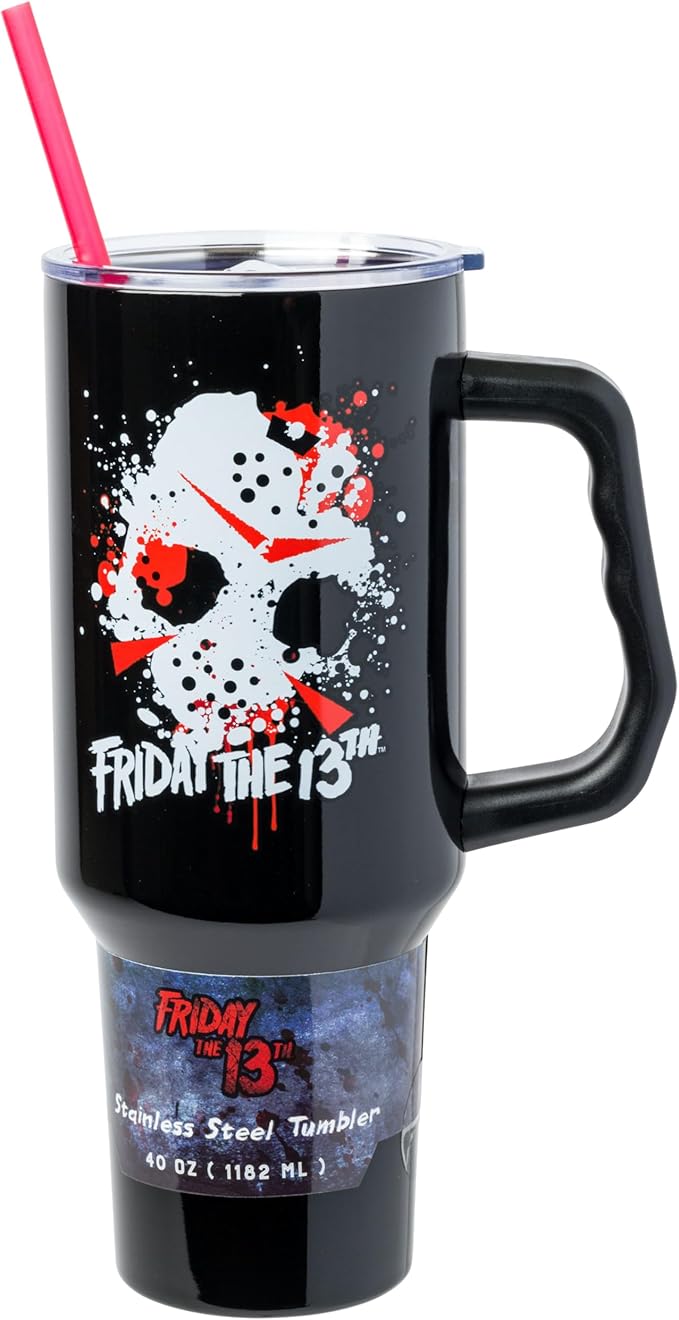 Silver Buffalo Friday The 13th Stainless Steel Tumbler with Handle Featuring Jason Voorhees’s Splatter Mask, Fits in Standard Cup Holder, 40 Ounces