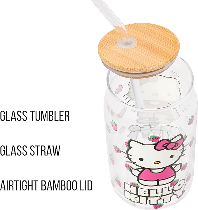 Silver Buffalo Sanrio Hello Kitty Strawberry Glass Jar Tumbler with Bamboo Lid and Glass Straw, 16 Ounces (Pack of 12)