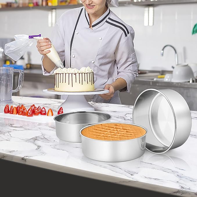 TeamFar Cake Pans, 8 Inch Stainless Steel Round Tier Baking Cake Pan for Birthday Wedding Anniversary Party Cake, Non-Toxic & Sturdy, 3 Inch Deep & Straight Side, Dishwasher Safe-Set of 3