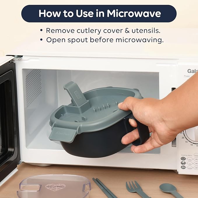 AI LOVE PEACE Microwavable Ramen Bowl with Lid - Leakproof Noodle Container with Built-In Utensils, BPA-Free, Dishwasher & Freezer Safe [Navy]