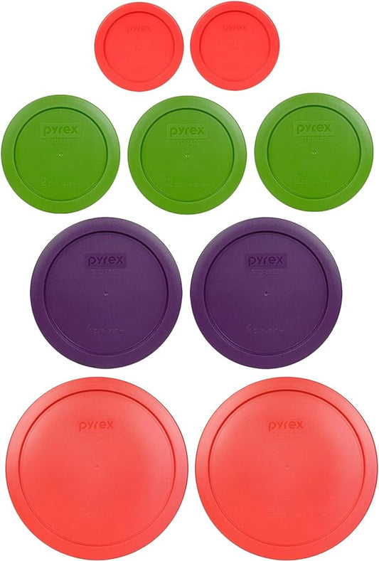 Pyrex (2) 7202-PC 1-Cup Red, (3) 7200-PC 2-Cup Lawn Green, (2) 7201-PC 4-Cup Purple, & (2) 7402-PC 6/7-Cup Red Lids - Made in USA