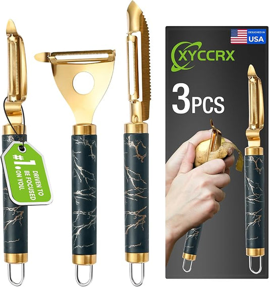 3Pcs Premium 304 Stainless Steel Potato Vegetable Peelers for Kitchen, Ultra Sharp Fruit Peeler & Fish Scaler with Real Wood Handle, Y Peeler for Corn, Apple, Carrot