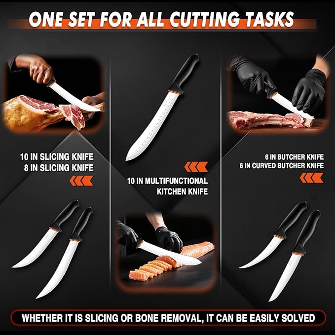 TIVOLI 6 PCS Professional Butcher Knife Set, Game Processing Knife Set, Non-Slip Softgrip, German Stainless Steel, Skinning Boning Trimming Poultry Knife Set For Meat Cutting, Incl 7" Sharpener Rod