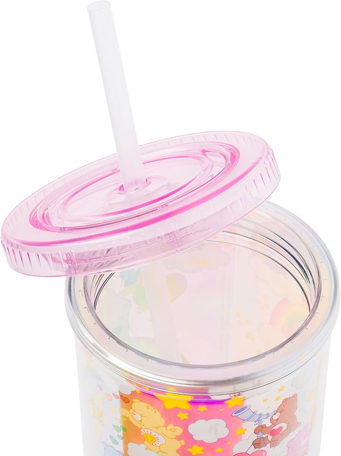 Silver Buffalo Care Bears Rainbow Stars Featuring Funshine, Grumpy, Cheer, Tenderheart Iridescent Plastic Tall Cold Cup With Lid and Straw, 20 Ounces