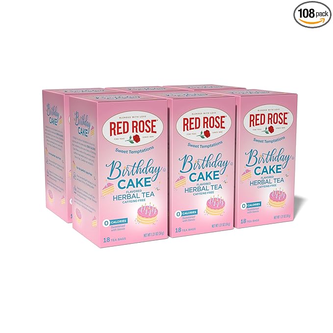 Red Rose Sweet Temptations Dessert Tea Birthday Cake, Zero Carbs, Zero Sugar Bursting with Flavor Caffeine-Free Delicious Beverage Herbal Tea, 18 Count Pack of 6 Fruit Naturally Flavored Herbal Tea