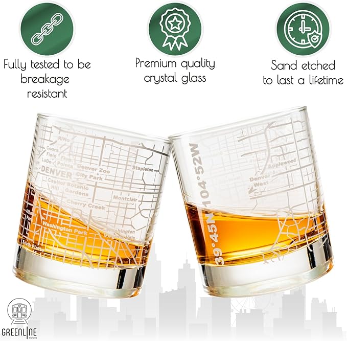 Greenline Goods Whiskey Glasses - 10 Oz Tumbler Gift Set for Denver lovers, Etched with Denver Map | Old Fashioned Rocks Glass - Set of 2