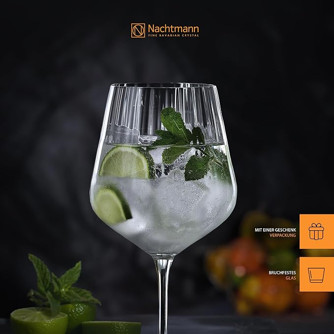 Nachtmann Celebration Gin & Tonic Glasses – Set of 4 Lead-Free 22.5 oz Large Crystal Goblets with Vertical Contour Detailing, Refined Stemware for Cocktails, Entertaining, Parties, Home Bars