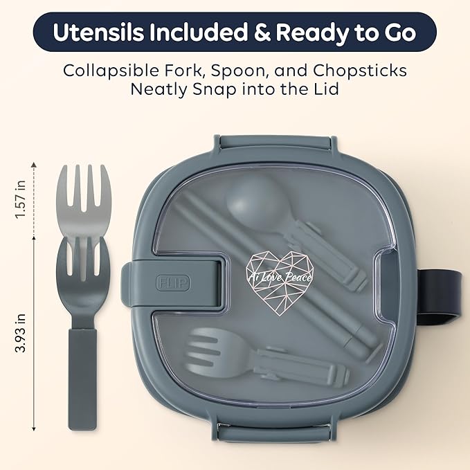 AI LOVE PEACE Microwavable Ramen Bowl with Lid - Leakproof Noodle Container with Built-In Utensils, BPA-Free, Dishwasher & Freezer Safe [Navy]