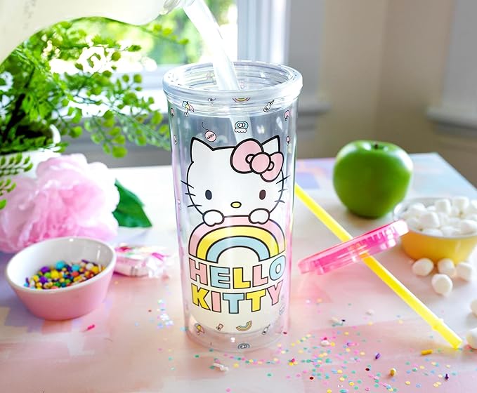 Silver Buffalo Sanrio Hello Kitty Plastic Tall Cold Cup with Lid and Straw, 20 Ounces