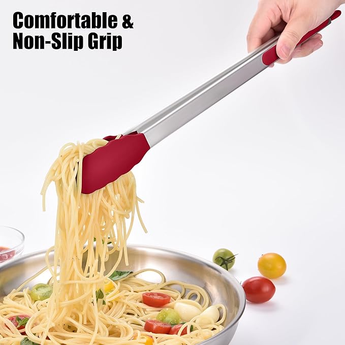 Doosu Kitchen Tongs for Cooking - 600°F Heat Resistant Food Tong with Non-Scratch Silicone Tips, Heavy Duty Stainless Steel Locking Tong for BBQ, Grilling Steak, Serving Salad, Pasta (16in, Red)