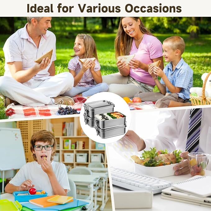 4 PCS Bento Boxes, 850 ML Stainless Steel Lunch Boxes, Food Storage Containers, Portable Metal Lunch Containers, Lockable Clips to Leak Proof, Reusable Dishwasher Safe Lunch Snack Boxes