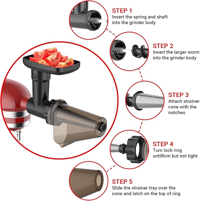 Fruit & Vegetable Strainer Attachment Set for KitchenAid Stand Mixer, Includes Food Grinder Attachment with Sausage Stuffer Tubes and Juicer Auger, Meat Grinder Attachment for KitchenAid by InnoMoon
