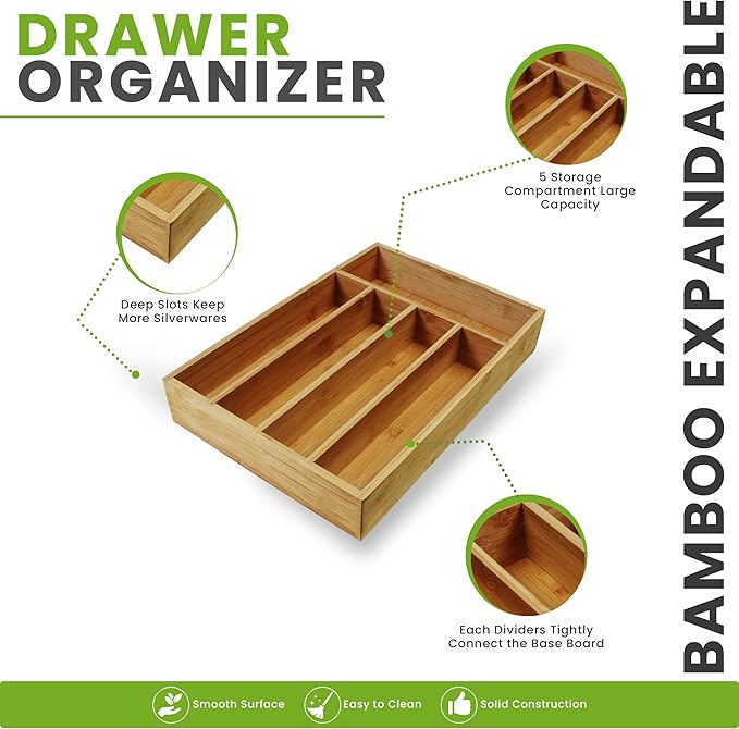 Utopia Kitchen Silverware Organizer, Bamboo Utensil Drawer Organizer for Cutlery, Utensils & Flatware (5 Compartment, Natural) Pack of 1
