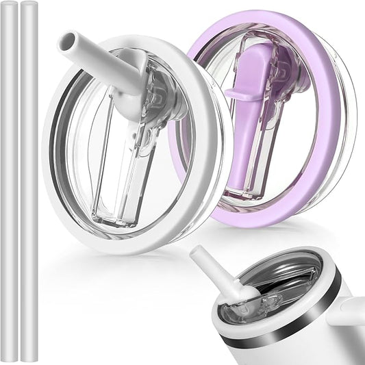 40oz Flip Straw Leak Proof Lid for Stanley H2.0 Quencher Protour Tumbler, 2 Pack Spill Proof Lid Replacement Straw Cover Top for 40 OZ Stanley Cup Accessories (White, Purple)