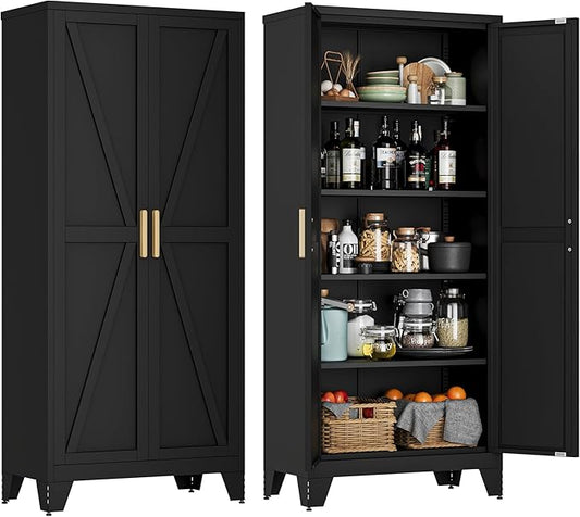 71" Tall Metal Storage Cabinet with 2 Doors and 4 Adjustable Shelves, 5-Tier Kitchen Pantry Storage Cabinet for Kitchen, Living Room, Dining Room and Office, Black