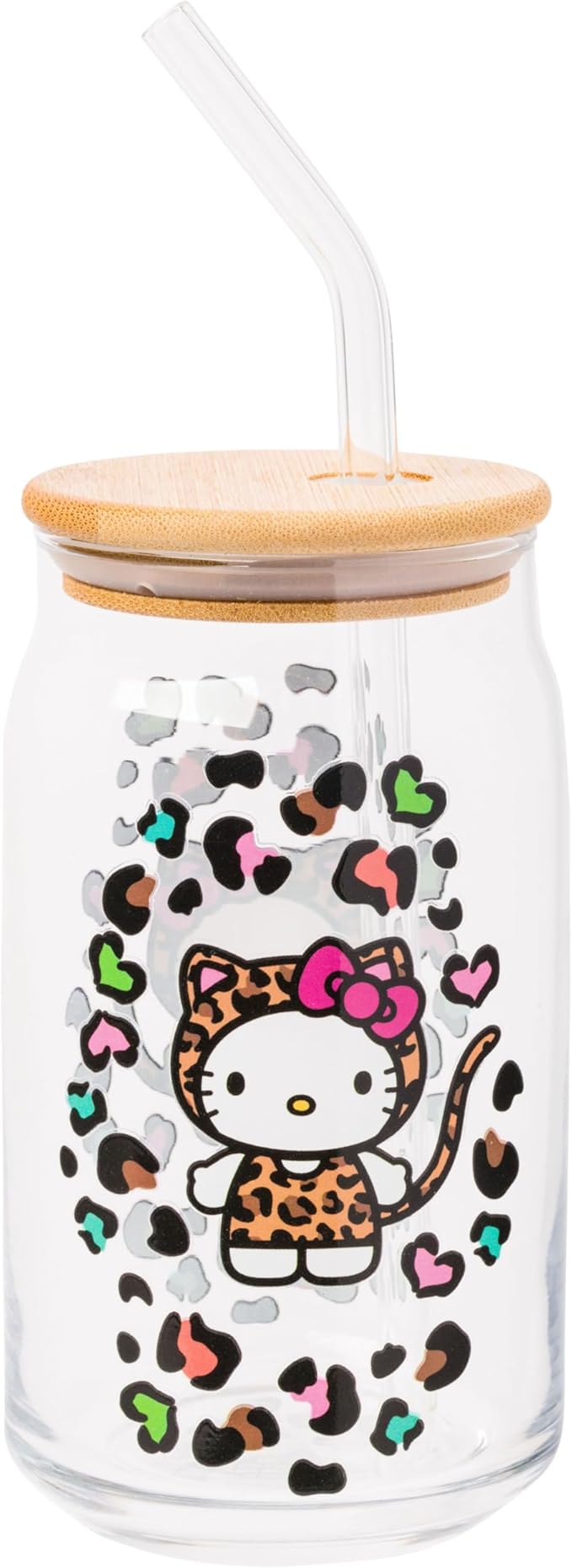Silver Buffalo Sanrio Hello Kitty Leopard Print Glass Tumbler with Bamboo Lid and Glass Straw, 16 Ounces