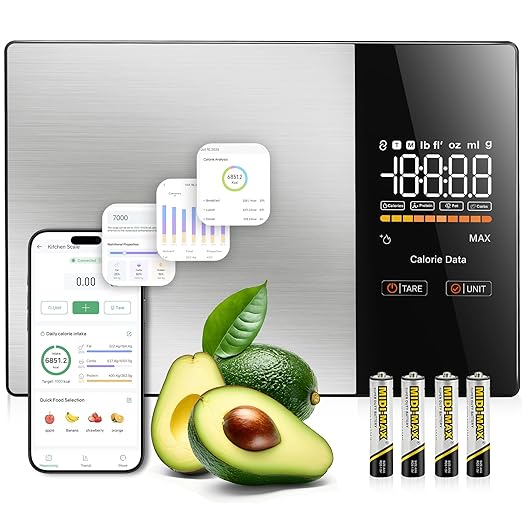Smart Nutrition Food Scale with LED Display, Tracks Calories, Fat, Carbs & Protein via App, 0.01oz Precision Digital Kitchen Scale for Healthy Eating & Meal Prep