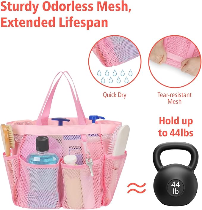 F-color Mesh Shower Caddy Portable, Upgrade Deeper 7 Pockets Shower Bag Basket Tote for College Dorm Room Toiletry Bathroom Essentials Gym Camp Quick Dry 2 handles with S Hook, Pink