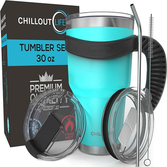 Stainless Steel Travel Mug with Handle 30 oz – 6 Piece Set. Tumbler with Handle, Straw, Cleaning Brush & 2 Lids. Double Wall Insulated Large Coffee Mug Bundle - Aqua Blue Powder Coated Tumbler