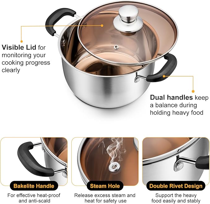3 Quart Stock Pot with Lid, P&P CHEF Stainless Steel Cooking Pot Stockpot for Soup and Pasta, Heat-proof Handle & Glass Lid, Dishwasher Safe & Non Toxic