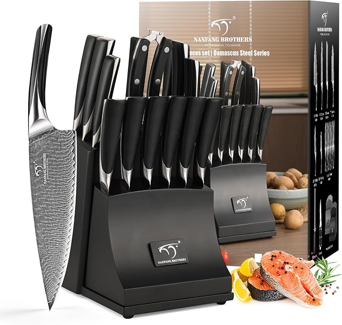 NANFANG BROTHERS Damascus Kitchen Knife Set, 15-Piece with Block, ABS Ergonomic Handle, Carving Fork, Disconnect-type Knife Block (Black)