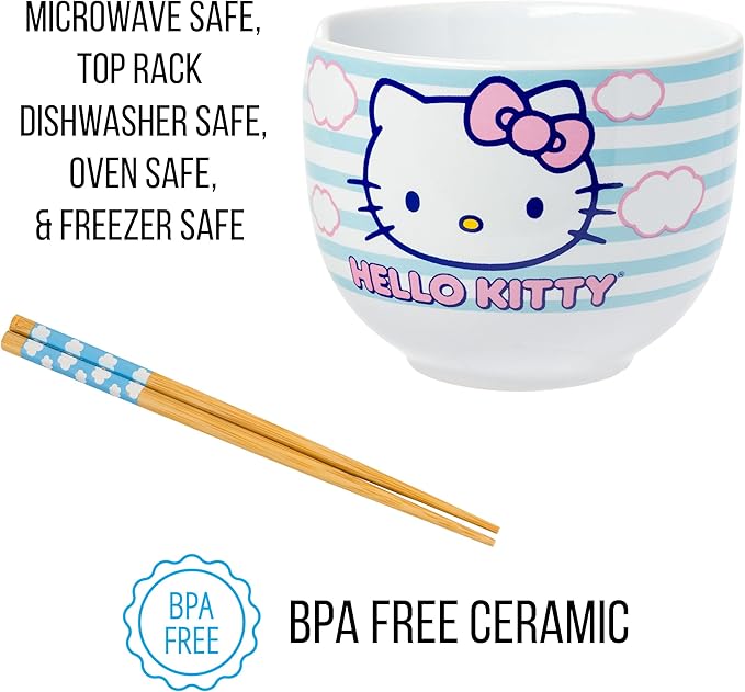 Silver Buffalo Sanrio Hello Kitty Blue and Pink Skies Ceramic Ramen Noodle Rice Bowl with Chopsticks, Microwave Safe, 20 Ounces