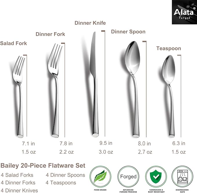 Alata Bailey 20-Piece Forged Silverware Set Stainless Steel Flatware Set,Service for 4,Mirror Polished Cutlery Set,Dishwasher Safe…