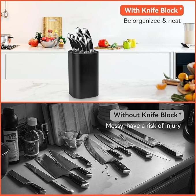 Fohil Knife Block without Knives, Universal Knife Block, Detachable Knife Holder, Space Saver Knife Storage Holder with Scissors Slot, Sharpening Bar Slot, Kitchen Knife Holder Black